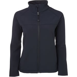 A ladies soft shell jacket in black with a zip-up front and a high collar, featuring a logo.