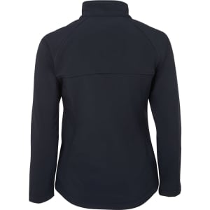 A women's softshell jacket in navy, featuring a high collar and a fitted design. It includes a branding logo.