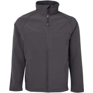 A soft shell jacket in dark grey with a zip front and two side pockets. It features a logo on the chest.