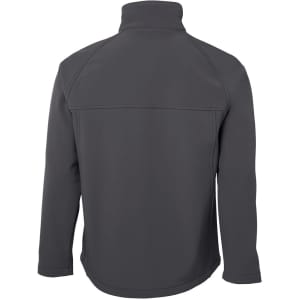 A soft shell jacket in dark grey, featuring a high collar and smooth fabric. The back view showcases its sleek design.