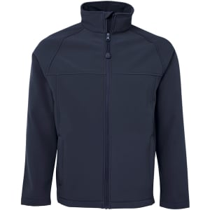 A navy soft shell jacket featuring a zip front, high collar, and two side pockets, with a logo on the chest.