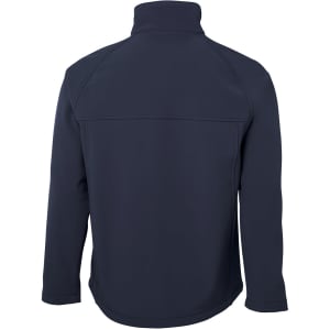 A soft shell jacket in navy blue with a collar and a smooth, fitted design, featuring a logo on the back.