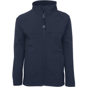A navy soft shell jacket featuring a full zip, two front pockets, and a stand-up collar. It has a logo on the chest.