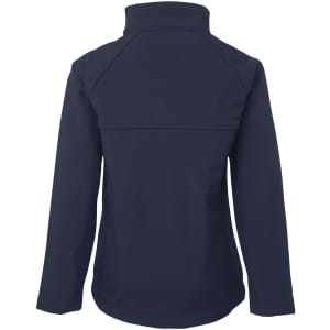 A navy soft shell jacket with a high collar and a smooth finish, featuring a logo on the back.