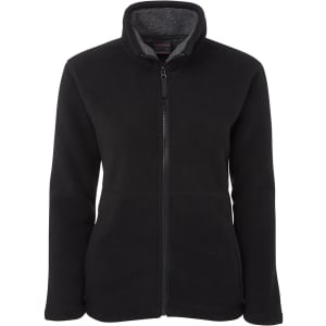 A black fleece jacket featuring a zip front, high collar, and a soft interior lining. It has a logo on it.