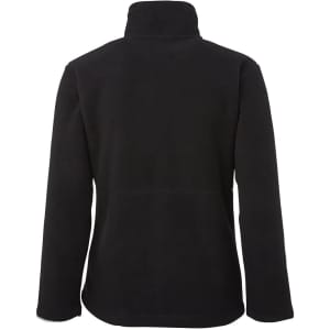 A black jacket with a high collar and long sleeves, featuring a simple design and a logo.