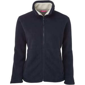A navy fleece jacket with a full zip and a soft interior lining. Features a collar and a logo.