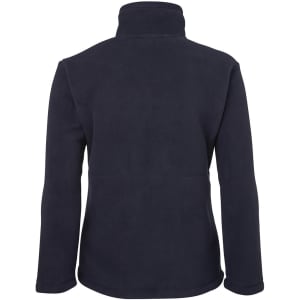 A dark navy fleece jacket with a high collar and long sleeves, featuring a logo on the back.