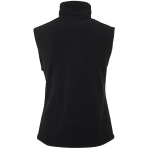 A black polar vest with a high collar, featuring a smooth, soft texture. The back view showcases its sleeveless design.
