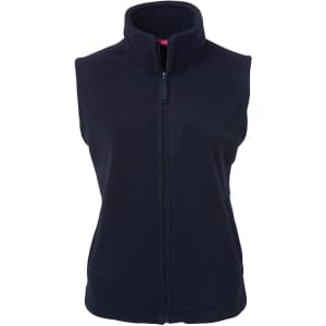 A navy polar vest with a high collar and a front zip, featuring a logo on the chest area.