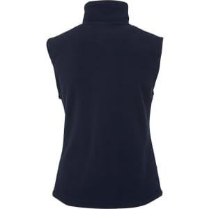 A navy polar vest featuring a high collar and a sleeveless design. It has a logo on the front.
