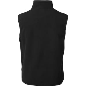 A black polar vest with a high collar, featuring a logo. The back view highlights its sleeveless design.