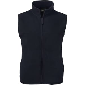 A navy fleece vest with a high collar and a zip front, featuring a logo on the chest.