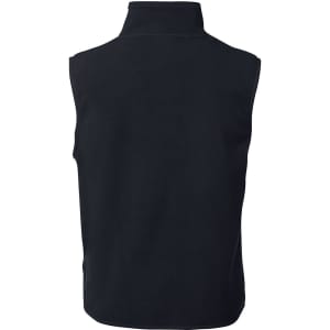 A black polar vest with no sleeves and a high collar, featuring a logo on the back.