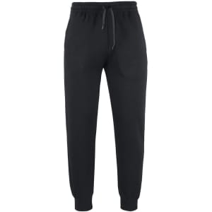 Black track pants with an elastic waistband and adjustable drawstring, featuring a tapered leg design.