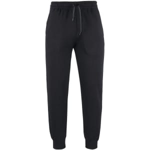 A pair of black track pants with an elasticated waistband and cuffs, featuring a drawstring and side pockets.