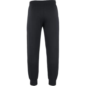 Black track pants with an elasticated waistband and cuffs, featuring a logo on the side.