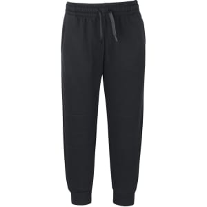Black track pants featuring an elastic waistband and a drawstring, with a simple design and no visible branding.
