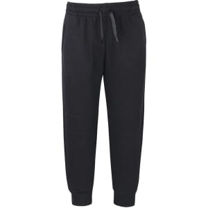 Black track pants with a drawstring waistband and fitted cuffs, featuring a logo on the side.