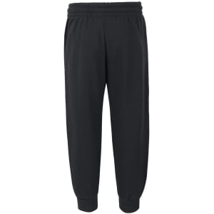 Black track pants with an elastic waistband and cuffed hems, featuring a logo on the front.