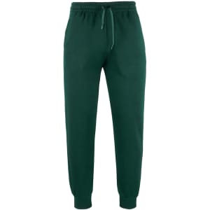 Green track pants with an elastic waistband and cuffs, featuring a drawstring and a small logo.
