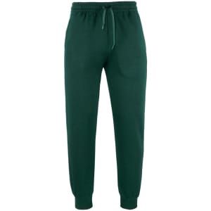 Green track pants with a drawstring waist and cuffed ankles, featuring a small logo.
