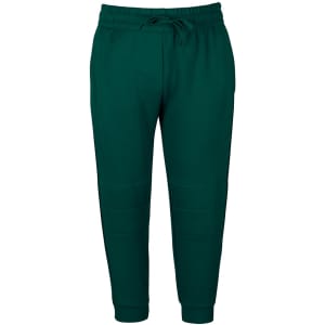 Track pants in teal green featuring an elastic waistband and a drawstring; includes branding.