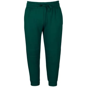 Dark green track pants with an elastic waistband and drawstring detail. Features stylish stitching and a fitted ankle design.