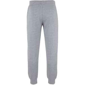 Grey track pants featuring an elastic waistband and fitted cuffs, with a logo present.