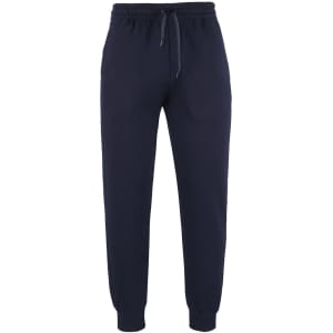 Navy track pants featuring an elastic waistband and cuffs, with a drawstring and a logo.