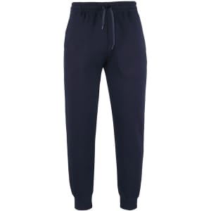 Navy track pants with an elastic waist and cuffs, featuring side pockets and a drawstring. Includes a branding logo.