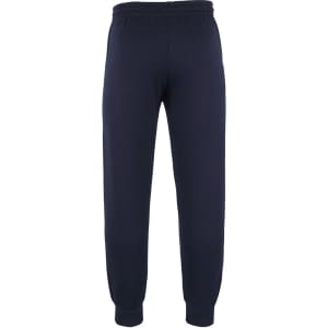 Track pants in navy blue with an elastic waistband and cuffs, featuring a branding logo.