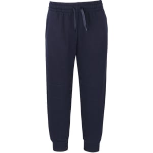 Navy track pants with an elasticated waistband and cuffed hems. Features a logo on the design.