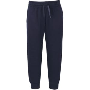 Navy track pants with an elastic waistband and cuffs, featuring a branding logo.
