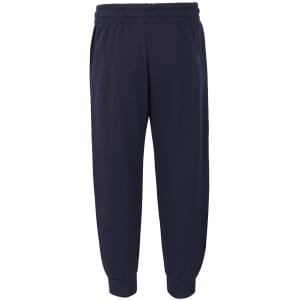Navy track pants with an elastic waistband and cuffs, featuring a logo on the front.