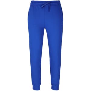 Bright blue track pants featuring an elastic waistband and cuffs, with a drawstring for adjustable fit. Includes a branding logo.