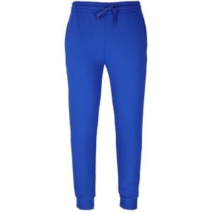 Bright blue track pants with a drawstring waistband and ankle cuffs. The design features a logo on the front.
