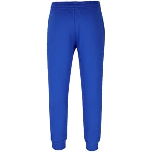 Bright blue track pants with an elastic waistband and cuffed ankles, featuring a logo on the design.