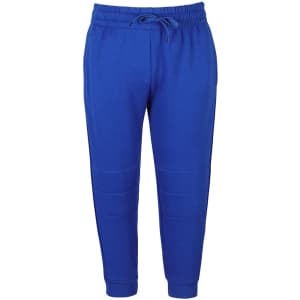 Blue track pants with an elastic waistband and drawstring, featuring a logo.