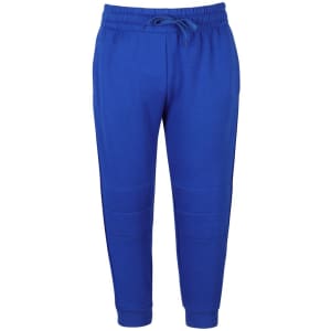 Bright blue track pants featuring a drawstring waist and a branded logo.