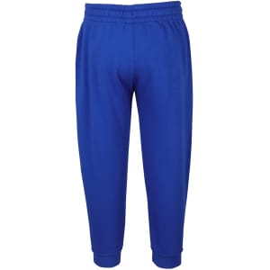Blue track pants featuring an elastic waistband and cuffed ankles. The product has a logo on it.
