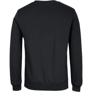 A black jumper with a classic crew neck and long sleeves, featuring a plain back and a branded logo.