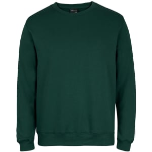A green jumper with a crew neck and long sleeves, featuring a logo on the label.