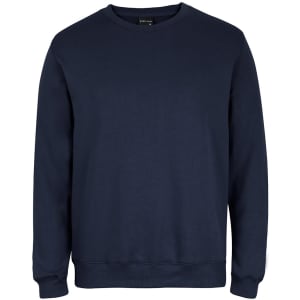 A navy jumper with a crew neckline and ribbed cuffs, featuring a small logo on the front.