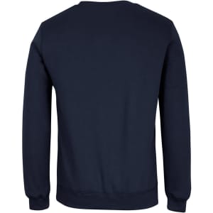A navy jumper with long sleeves and a crew neckline, featuring a plain back. It includes a logo.