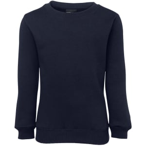 A navy blue jumper with long sleeves and a ribbed neckline. It features a plain design and has a logo.