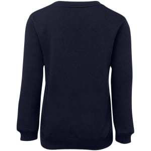 A navy blue jumper with long sleeves and a crew neckline, featuring a solid back. It includes a logo.