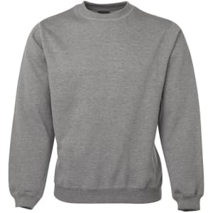 A grey sweater with a round neckline and ribbed cuffs and hem, featuring a branding logo.