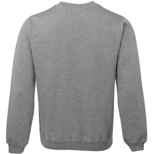 A grey jumper with a simple design, featuring long sleeves and a rounded neckline. It has a logo on the back.