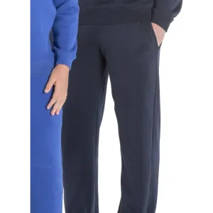 Track pants in navy, featuring a relaxed fit and side pockets, displayed alongside a blue top. Includes branding.